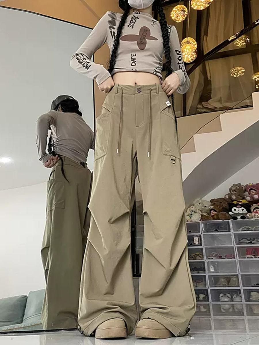 Solid Color Casual Loose Waist Drawstring Pants