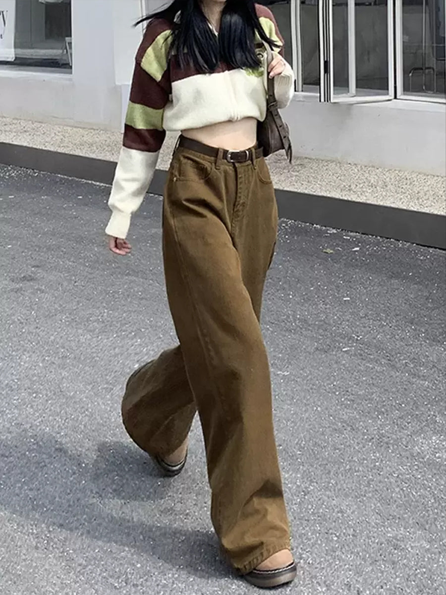 Solid Color Loose Fit Denim Long Pants