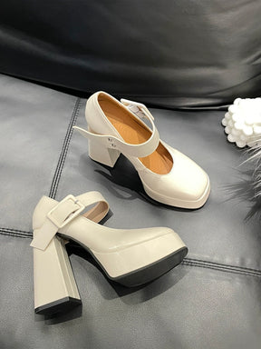 White Buckle Decor Platform Chunky Heel Mary Janes Shoes