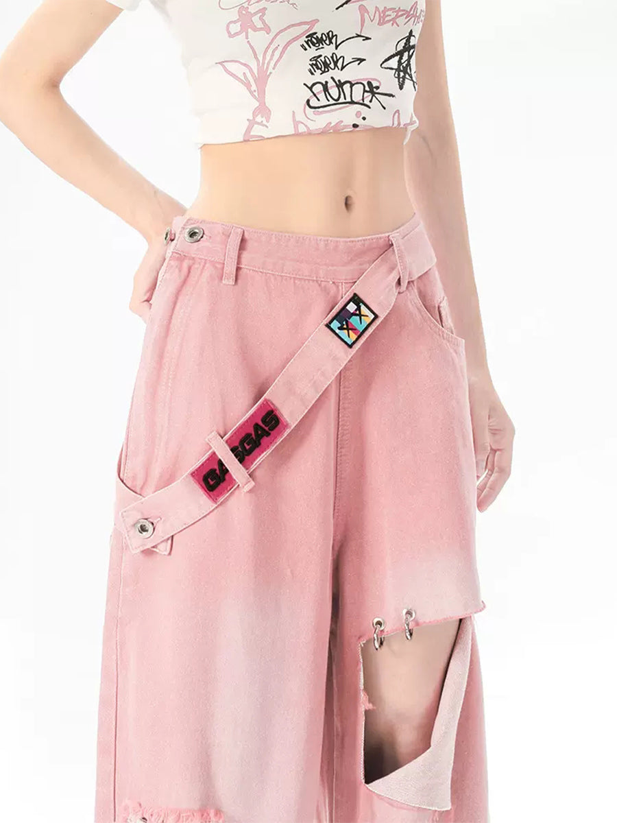 Solid Color Loose Fit Side Zipper Jeans