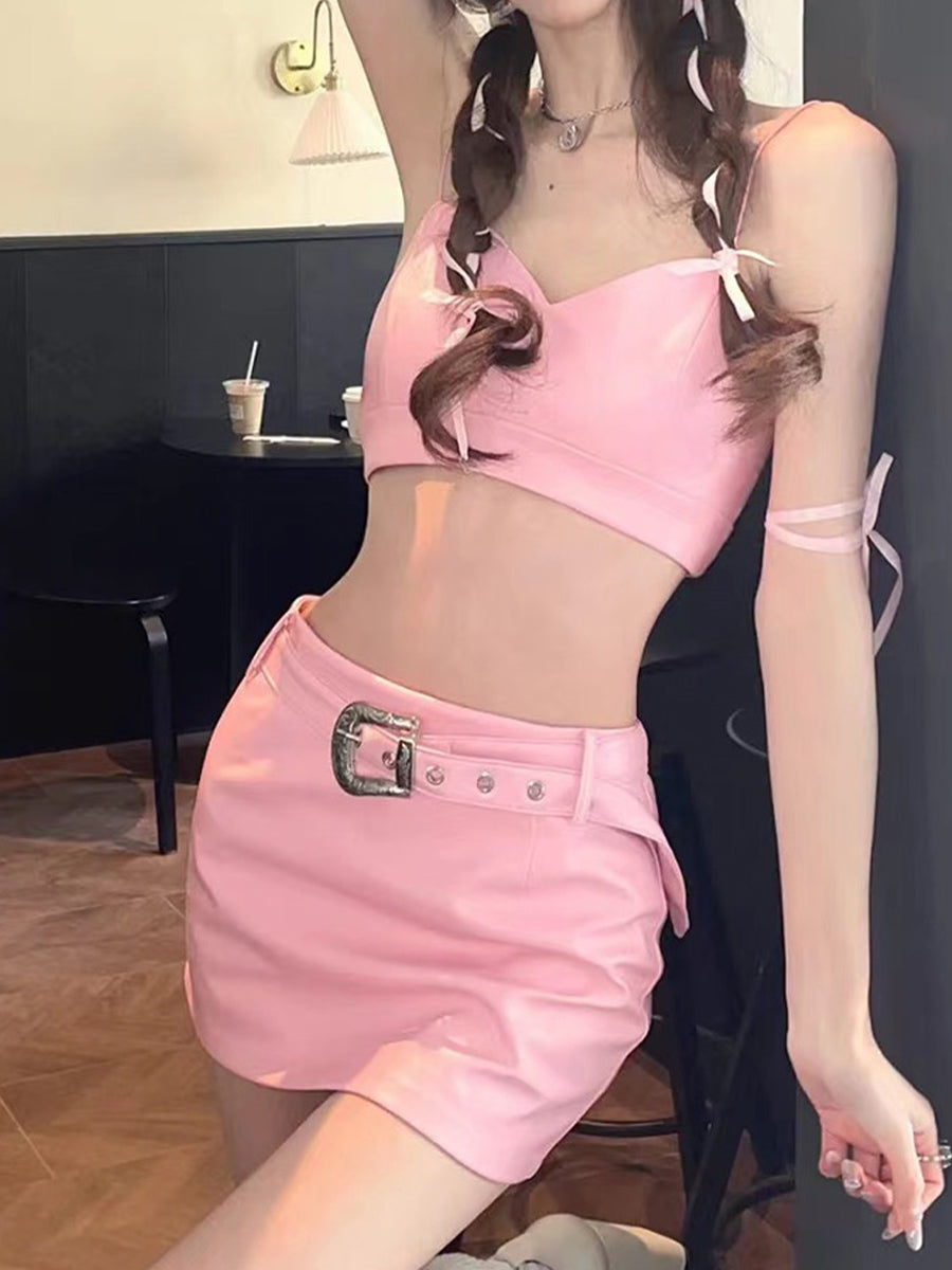 Barbie Pink Camisole Top + A-line Skirt with Belt Set