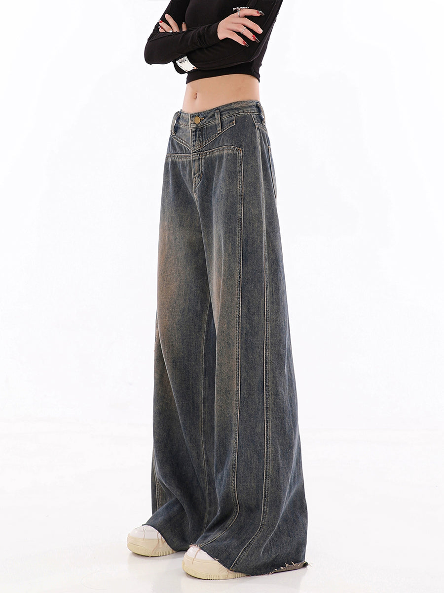 Vintage Relaxed Fit Grey Raw Edge Hem Denim Jeans