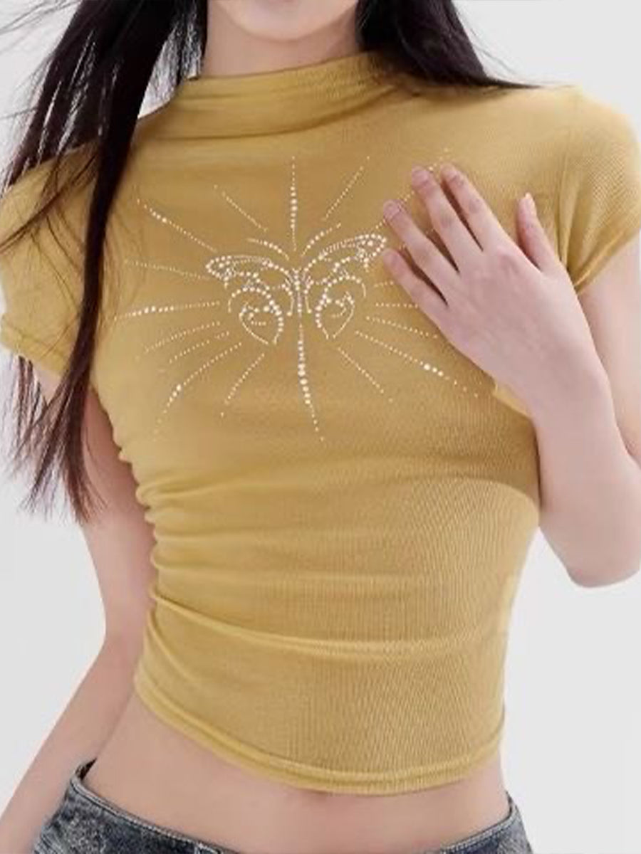 Butterfly Rhinestone Slim Short Sleeve Top