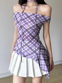 Purple Plaid Strapless Irregular Top