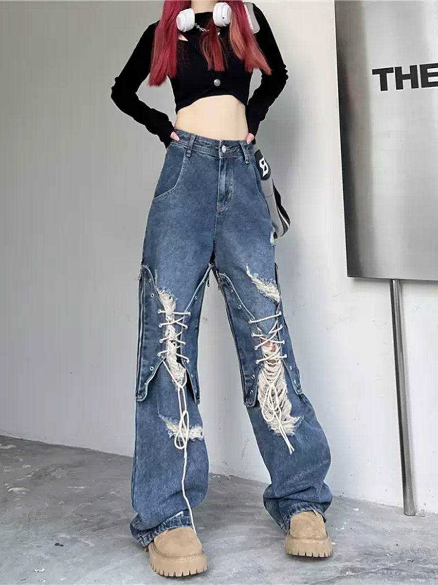 Blue Ripped Lace-Up Jeans