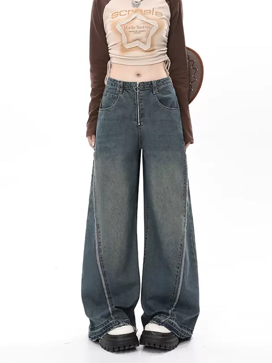 Solid Color Loose Raw Hemmed Long Jeans