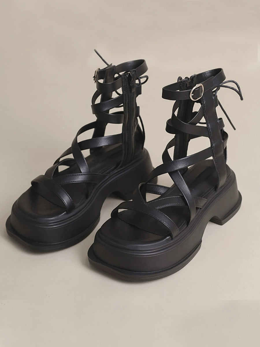 Criss Cross Chunky Heel Black And White Zipper Sandals
