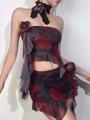 Floral Printed Rose Accessory Slim Fit Strapless Top+Skirt+Rose Choker Two Piece Suit
