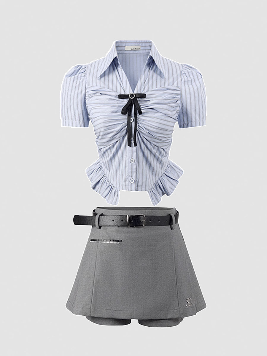 Bubble Sleeve Plaid Shirt Top + Fake Two Piece Shorts Set