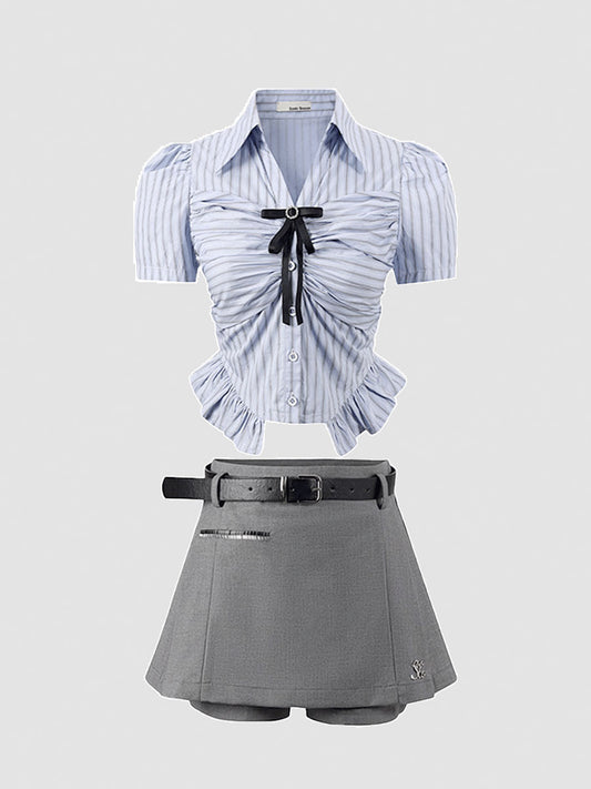 Bubble Sleeve Plaid Shirt Top + Fake Two Piece Shorts Set