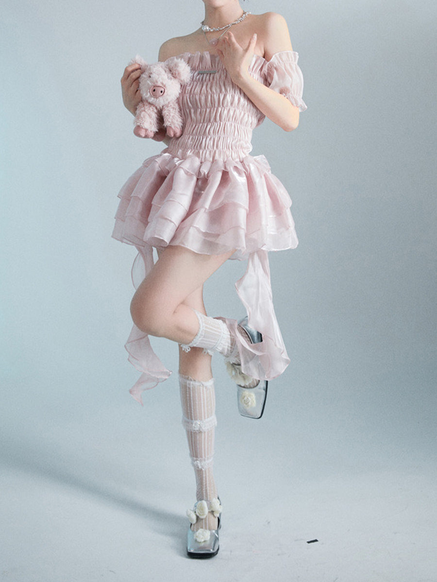 Irregular Fluffy Pink Organza Dress