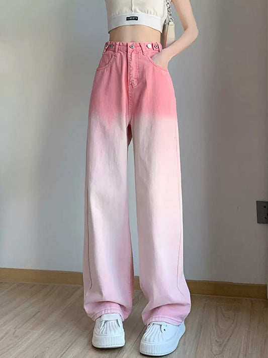 Pink Light Gradient High Waisted Straight Leg Denim Jeans