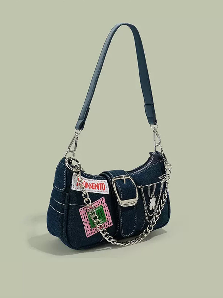 Chain Denim Baguette Handbag