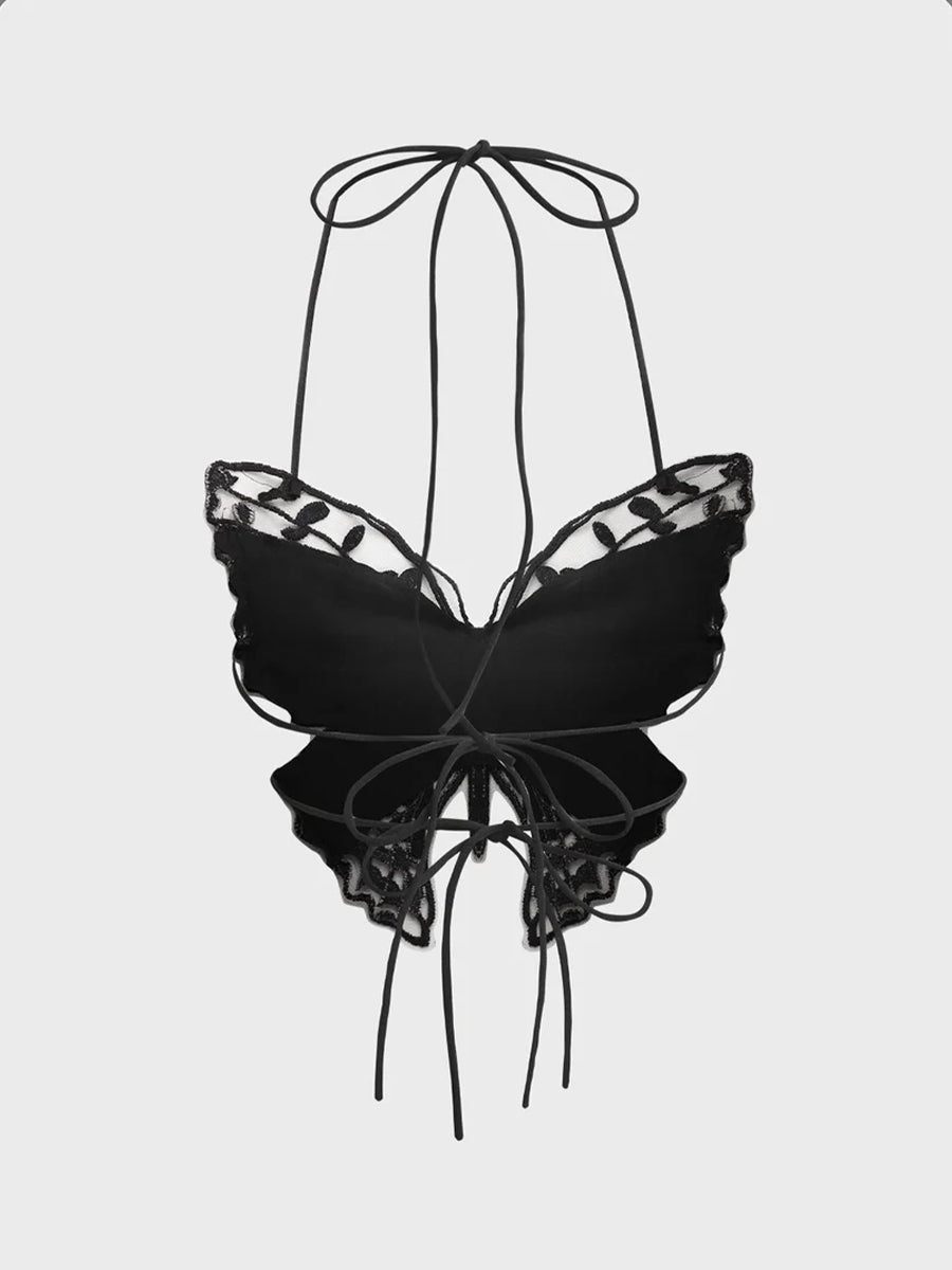 Lace Butterfly Halter Top&Black Brassiere
