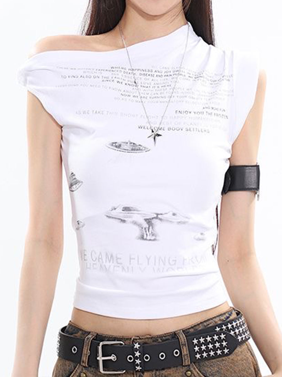 Vintage Graffiti Print One Shoulder Sleeveless Top