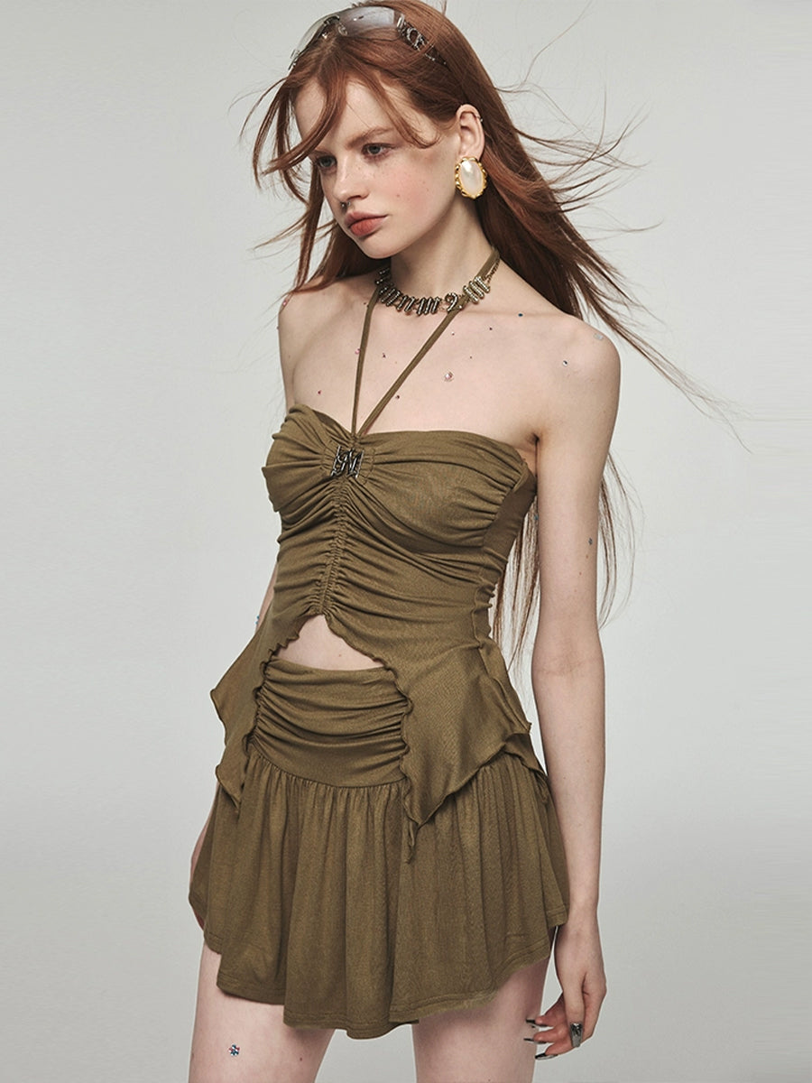 Solid Color Pleated Halter Top + Skirt with Lining Set