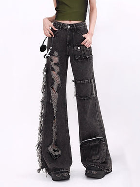 Loose Wide Leg Single Side Ripped Jeans