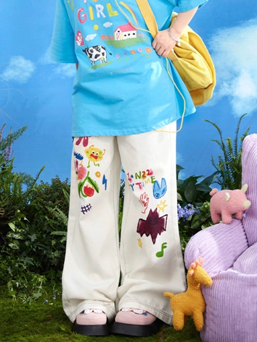 Cartoon Graffiti White Denim Jeans