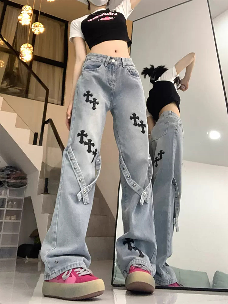 Y2K Black Cross Embroidered Blue Loose Fit Jeans