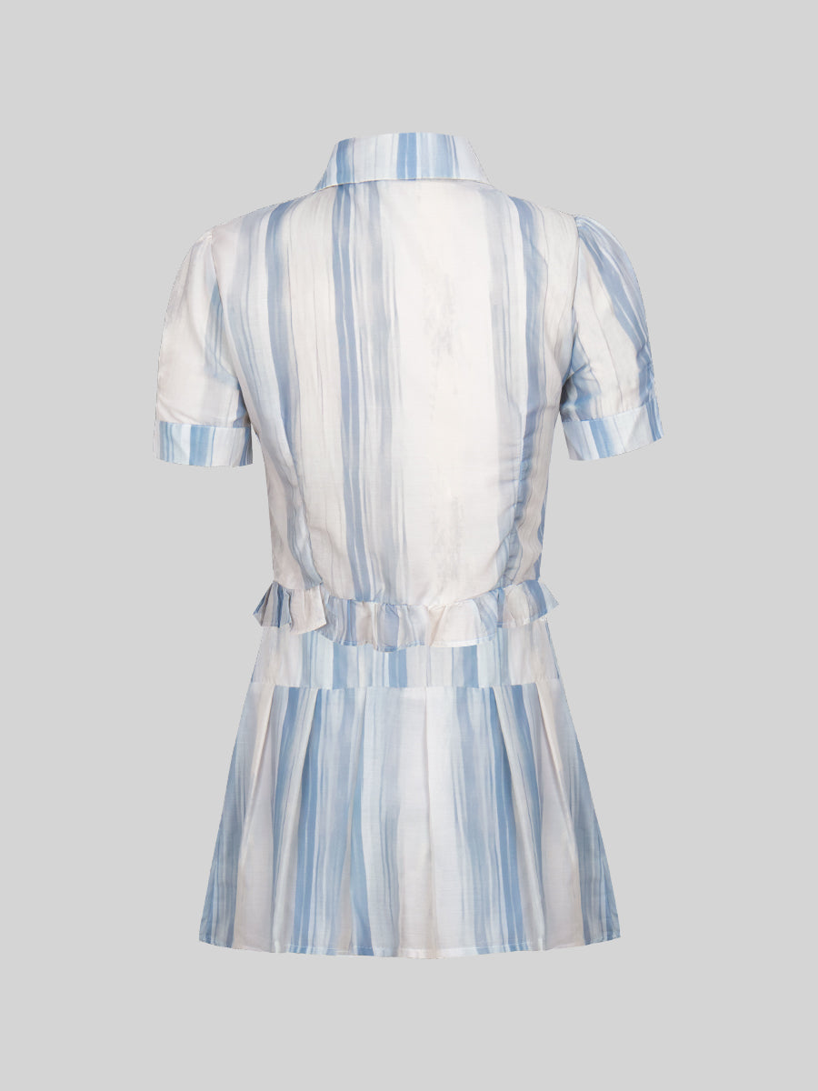 Blue Bubble Sleeve Plaid Shirt Top + Skirt Set