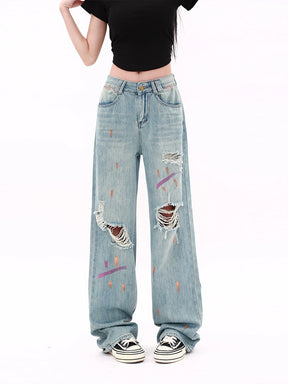 High Waisted Graffiti Pattern Ripped Denim Jeans