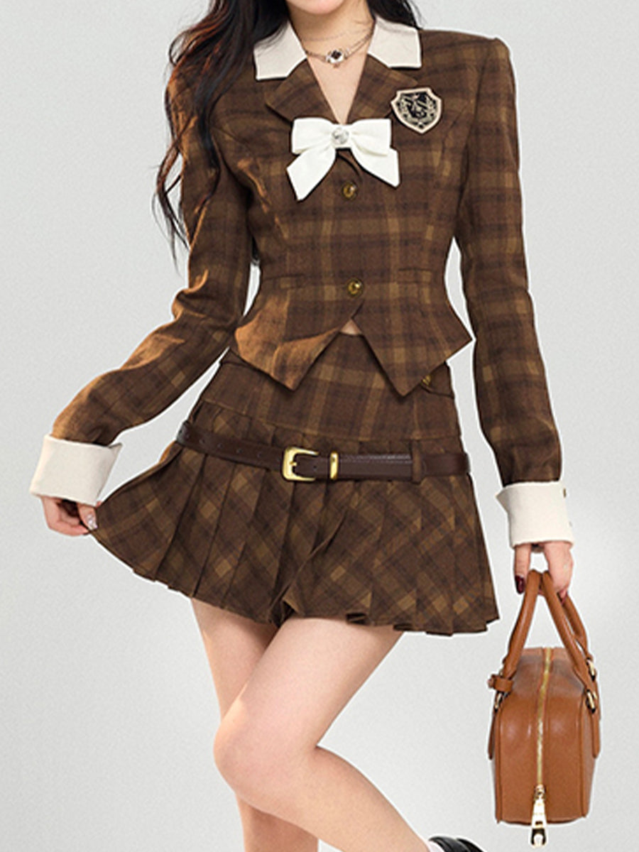 Brown Plaid Jacket Top with Bow and Plaid Pleated Skirt Set
