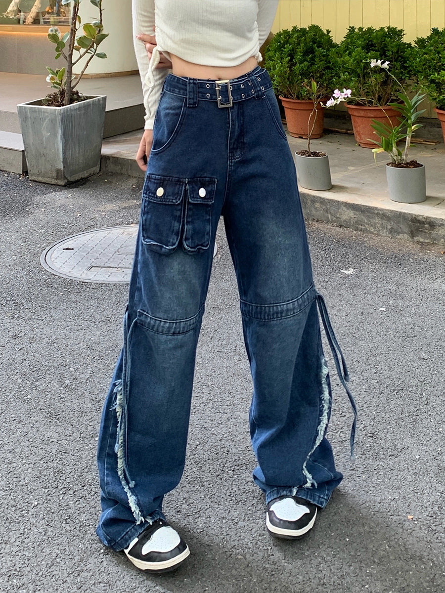 Blue Ripped Loose Fit Denim Jeans with Belt