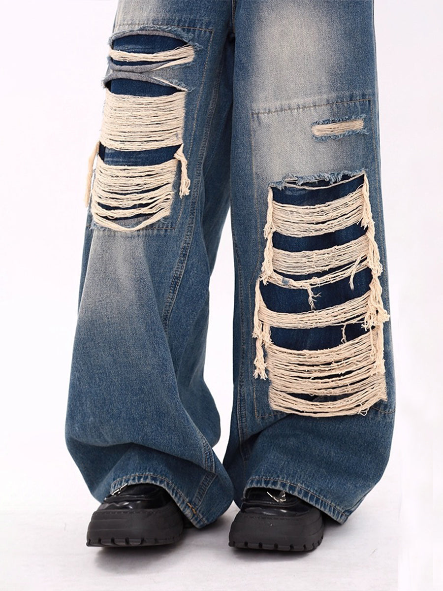 Blue High-Waisted Ripped Baggy Wide-Leg Jeans