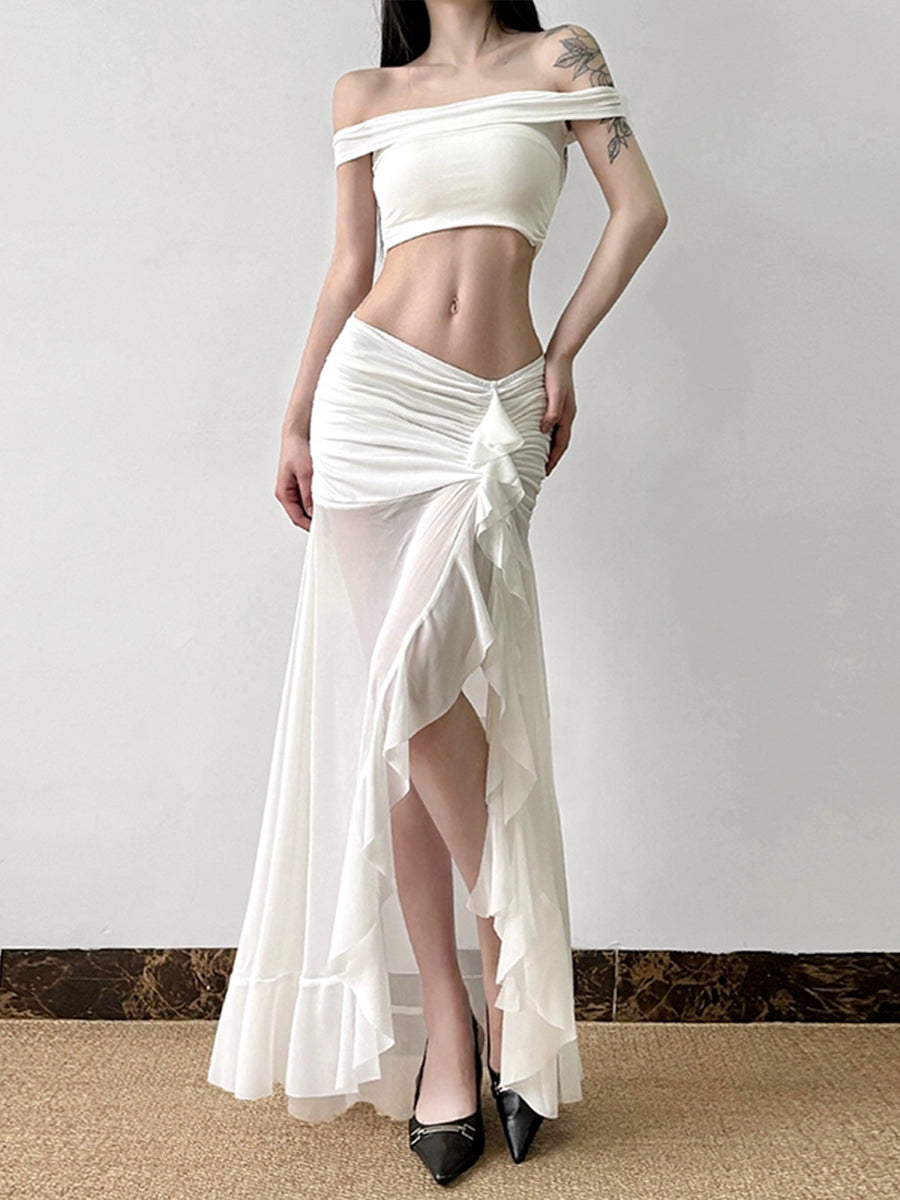 Irregular Ruffle Flutter Mesh Midi Skirt