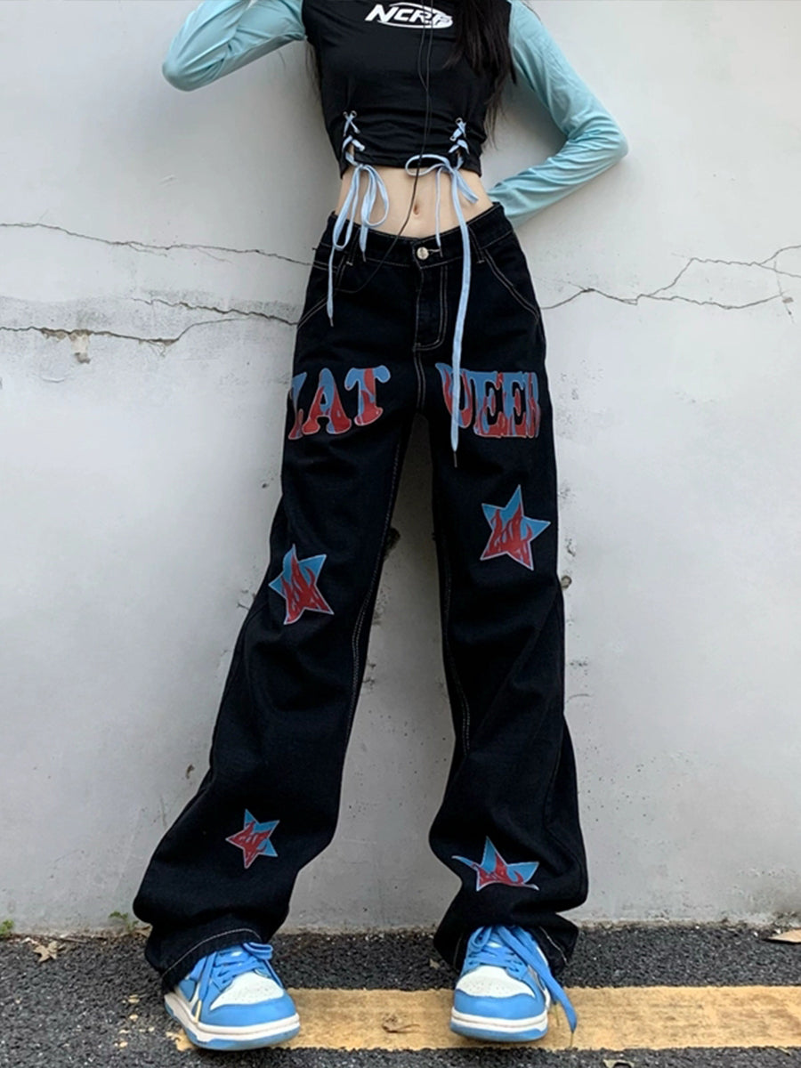 Black Denim Stars High Waist Jeans