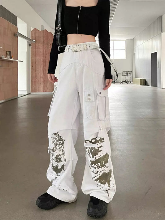 Casual Graffiti White Loose Jeans