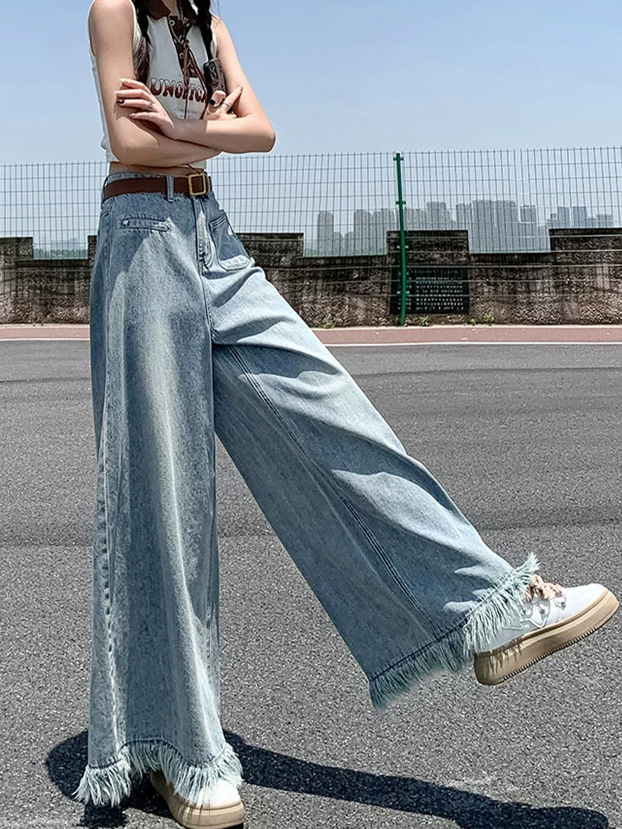 Solid Color Irregular Pockets Loose Tassel Hem Blue Jeans