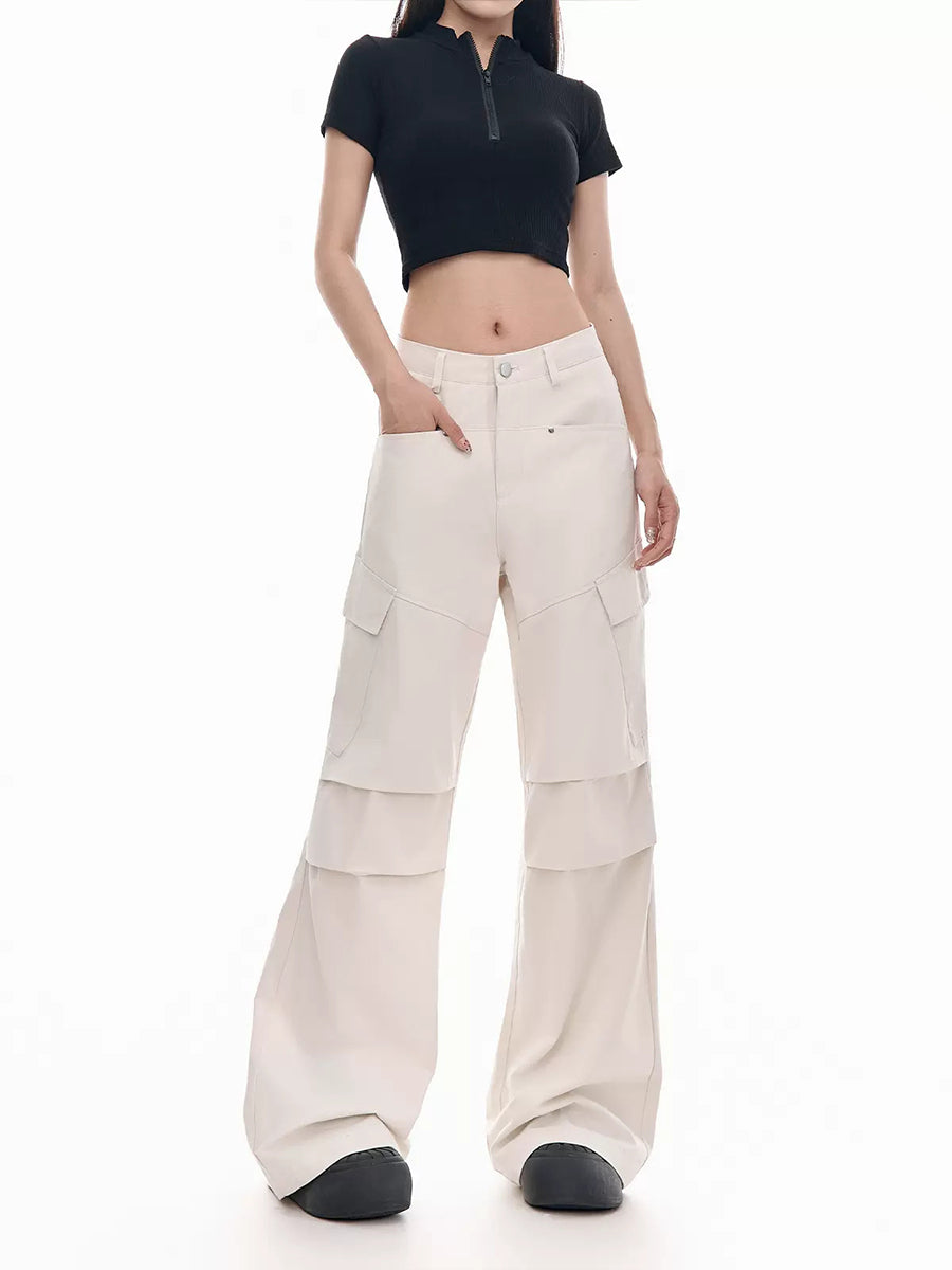 Solid Color Loose Casual Wide Leg Cargo Pants