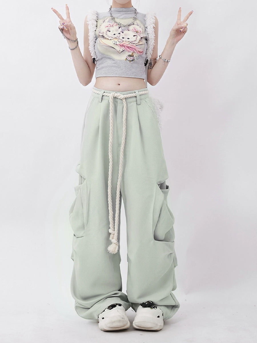 Green Loose Drawstring Casual Pants