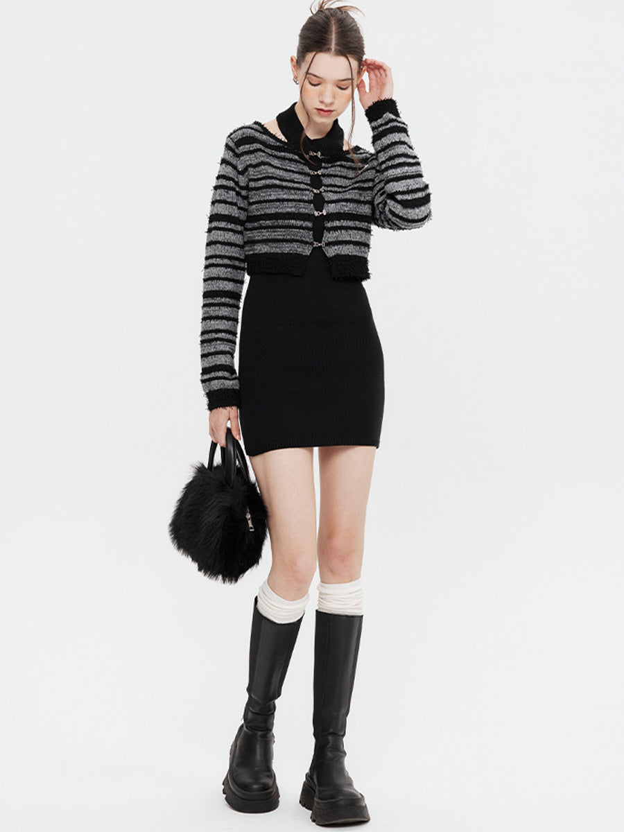Black Sleeveless Dress Slim Striped Long Sleeve Cardigan Short Sweater Two Piece Set