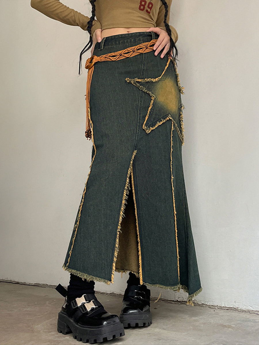 Star Irregular Hem Denim Long Skirt