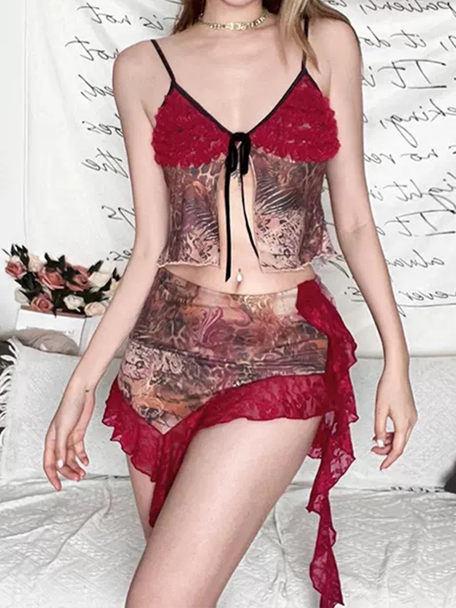 Red Lace Patchwork Print Chiffon Camisole Top + Skirt Two Piece Set