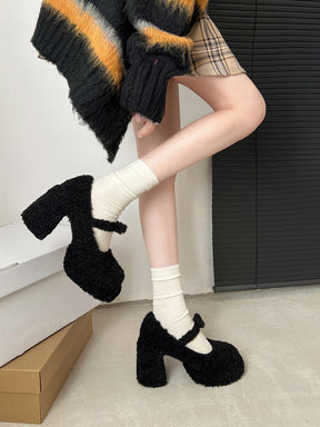 Fluffy Ankle Strap Chunky Heels Mary Jane Shoes
