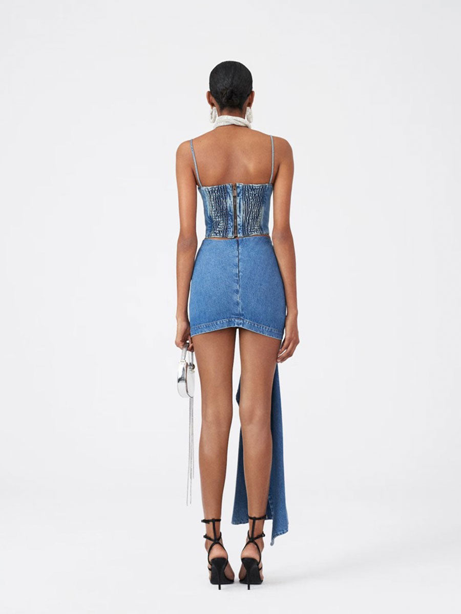 Blue Denim Zipper Cami Top + Floral Irregular Skirt Set