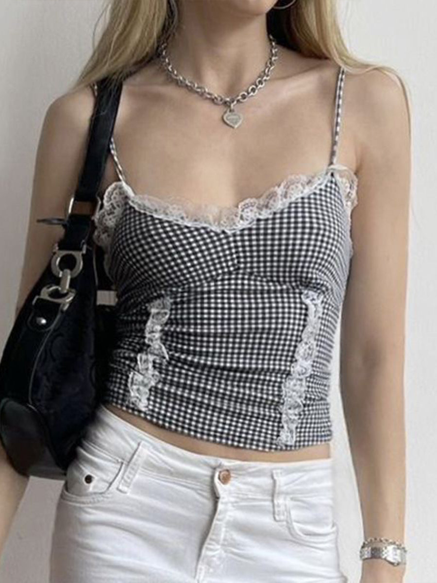 Lace Spliced Black and White Plaid Camisole Top