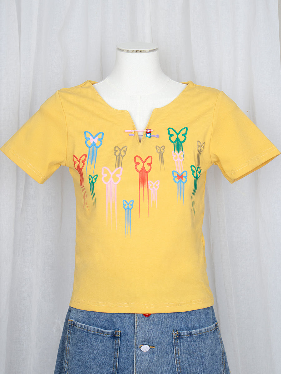 Multicolor Butterfly Embroidered Yellow Short Sleeve Blouse Crop Top with Accessories
