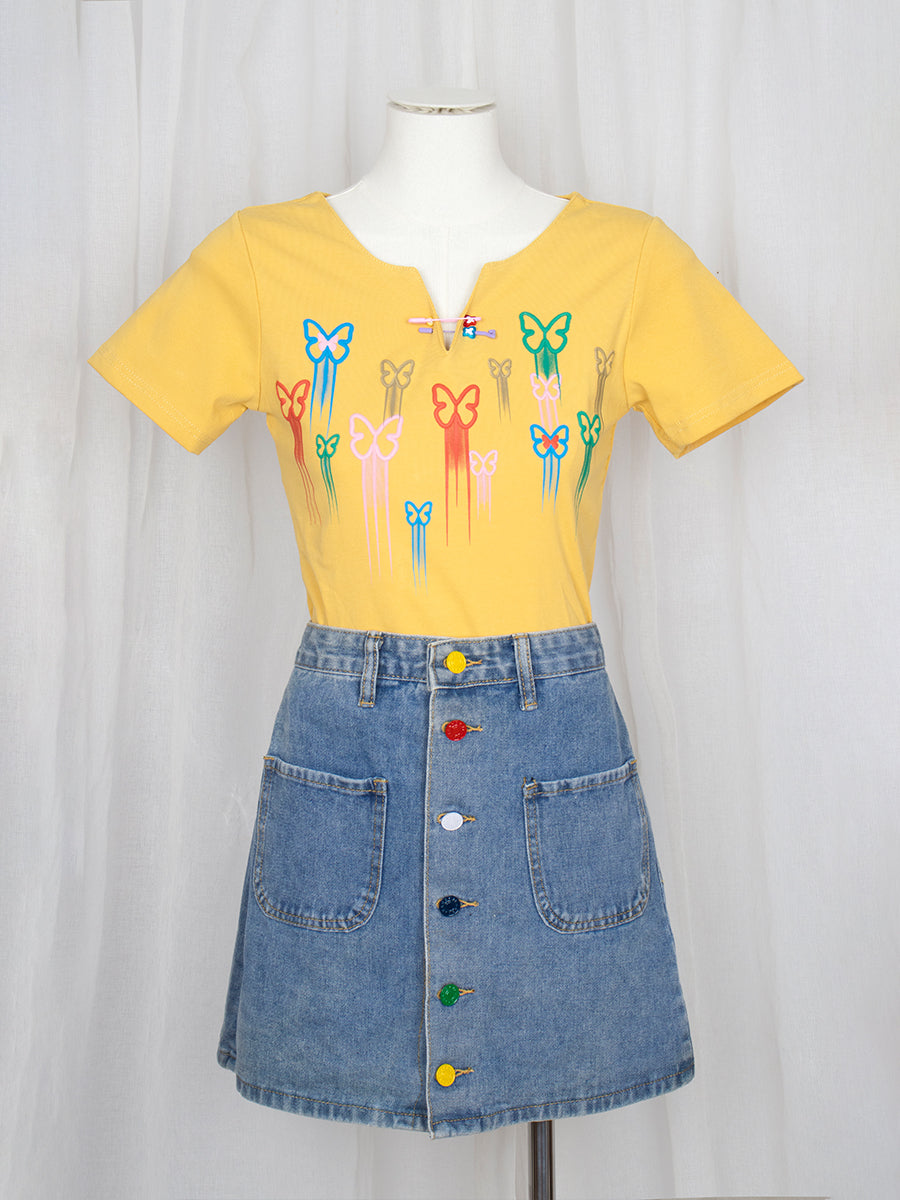 Multicolor Butterfly Embroidered Yellow Short Sleeve Blouse Crop Top with Accessories