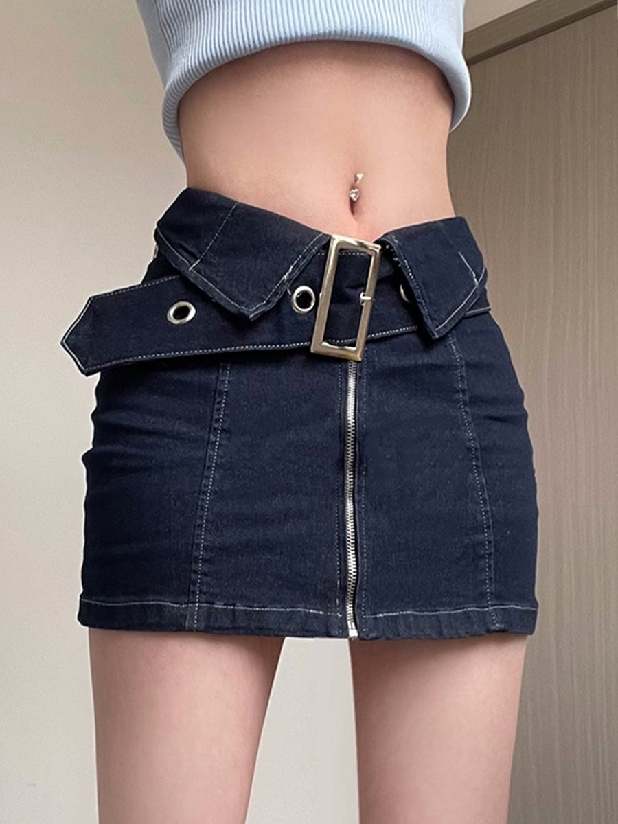 Denim Zipper Skirt with Belt