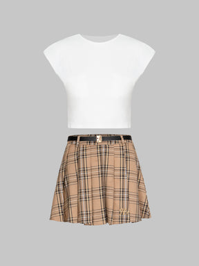 Casual Plaid Pleated Skirt with Belt