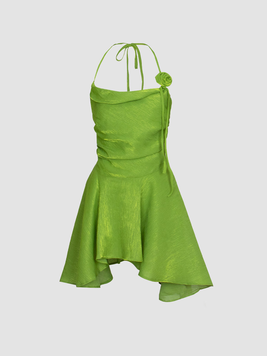 Solid Color Backless Irregular Hem Halter Dress with Floral Strappy Choker