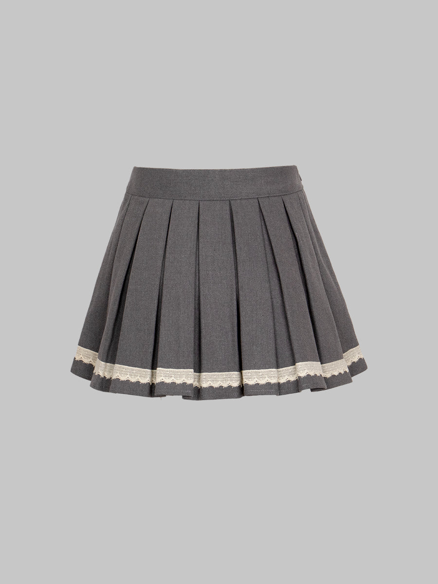 Striped Lace Gray Fake Two Pieces Pleated Skirt