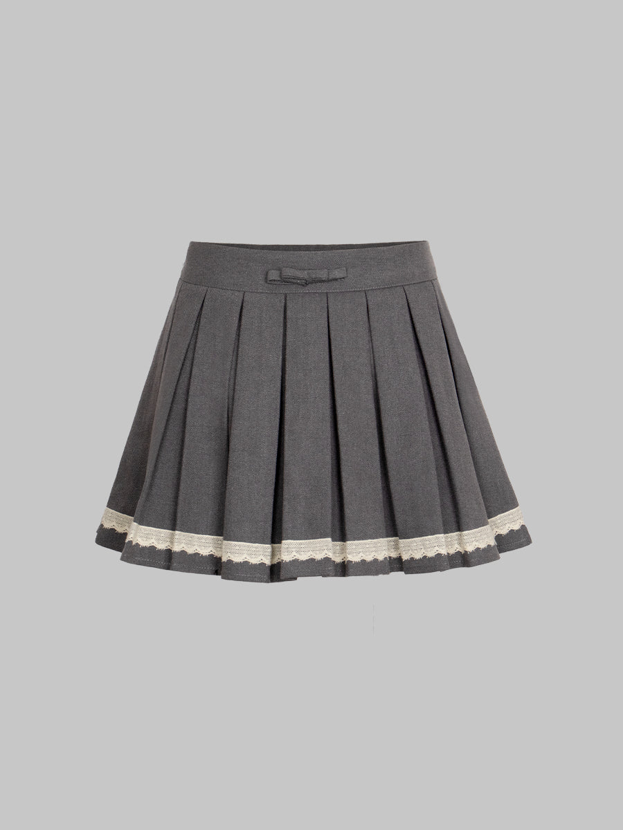 Striped Lace Gray Fake Two Pieces Pleated Skirt