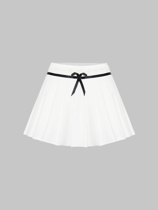 Solid Color Fake Two Pieces Bow Pleated Skirt