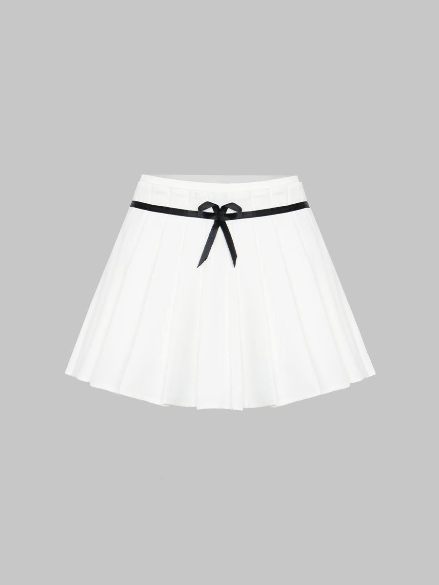 Solid Color Fake Two Pieces Bow Pleated Skirt