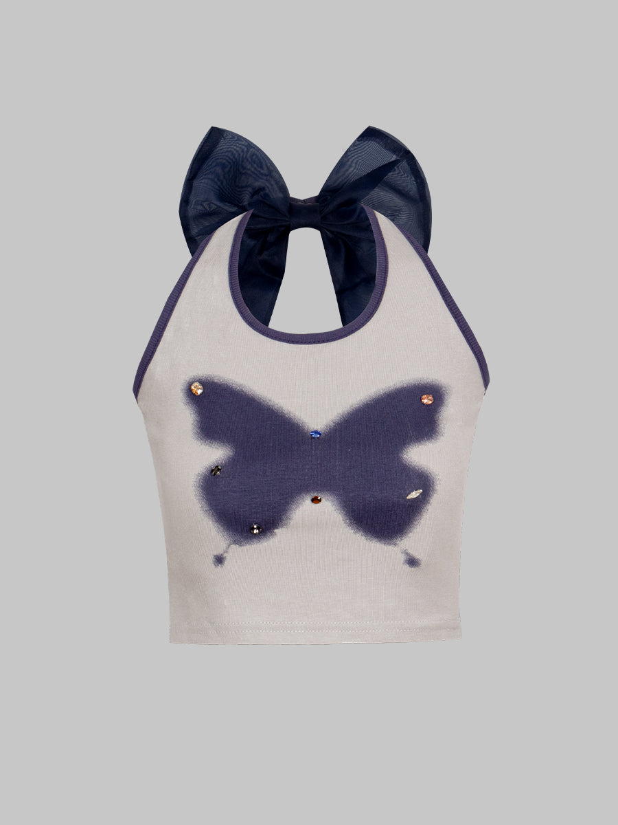 Butterfly Printed Rhinestone Mesh Large Bow Halter Top